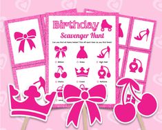 birthday scavenger hunt with pink princess silhouettes and bows on them, surrounded by hearts