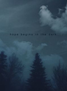 the words hope begins in the dark on a cloudy sky with trees and clouds behind it