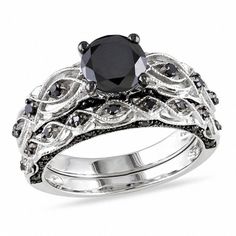 1-3/8 CT. T.W. Enhanced Black Diamond Vintage-Style Bridal Set in 10K White Gold Black Gold Ring Women, Swirl Engagement Ring Set, Black Diamond Bridal Set, Swirl Engagement Rings, Black Diamond Wedding Rings, Black Diamond Wedding Bands, Gothic Engagement Ring, Infinity Engagement Ring, White Gold Bridal Set