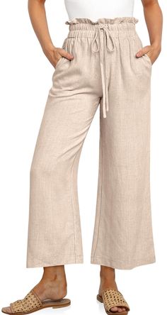 PRICES MAY VARY. Casual Linen Pants - US SIZE: S=US(4-6), M=US(8-10), L=US(12-14), XL=US(16-18), XXL=US(20-22), our palazzo pants feature a drawstring, elastic high waist, and relaxed style to flatter all body types. Occasion - This wide leg capri trousers suit for vacation, beach, travel, work, outdoor activity, home and lounge wear. They are so light weight,flowy,comy and stylish looking for any occasion. Featurs - Linen material, slouchy style, elastic draswtring hig wasited, 2 Side deep pock Non-stretch Full Length Drawstring Bottoms, Beige Drawstring Trousers, Non-stretch Bottoms With Drawstring, Beige Wide-leg Pants With Tie Waist, High Waist Beige Bottoms With Drawstring, Beige High-waist Bottoms With Drawstring, Beige Stretch Bottoms With Drawstring, Stretch Beige Bottoms With Drawstring, Womens Linen Pants