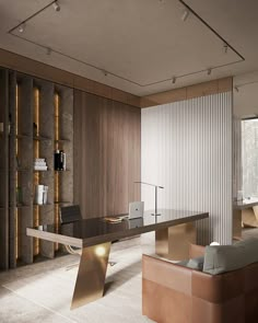 a modern office with wooden walls and flooring