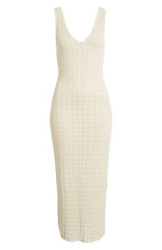 Pointelle stitching creates an airy, vintage-inspired effect on this midi-length sleeveless sweater-dress knit with leggy slits at the sides. Slips on over head Scoop neck Sleeveless 100% cotton Machine wash, line dry Imported Chic Ribbed Midi Dress For Daywear, Chic Textured Knit Spring Dress, Chic Textured Knit Summer Dresses, Elegant Ribbed Midi Dress For Daywear, Ribbed Midi Dress For Daywear, Elegant Sleeveless Knit Sweater Dress, Chic Textured Knit Beige Dress, Chic Textured Knit Midi Dress, Sleeveless Textured Knit Dress