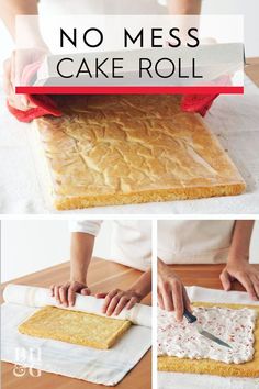 a person cutting cake on top of a wooden table with the words, no mess cake roll