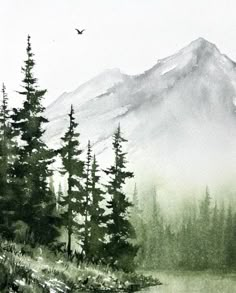 a watercolor painting of a mountain lake and pine trees with birds flying over it