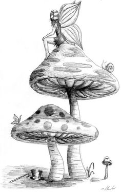 a drawing of a fairy sitting on top of a mushroom