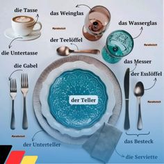 an image of a table setting with silverware and utensils labeled in german