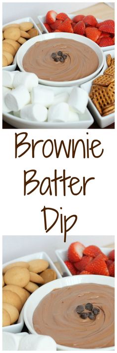 brownie batter dip with strawberries and cookies on the side for dessert or appetizer