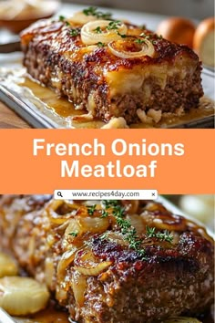 french onion meatloaf on a plate with potatoes and carrots