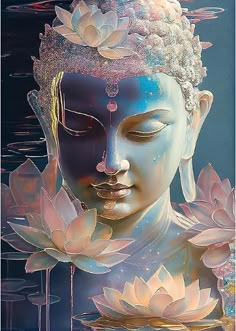 the buddha statue is surrounded by water lilies