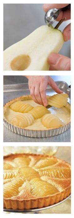 the process of making pie crusts is shown in three different pictures, including one being sliced