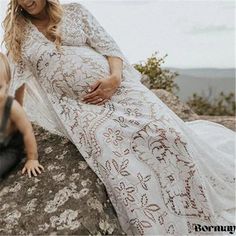 Bormay - Maternal Beauty Long Dress with Flowing Silhouette Stylish Maternity Wear, Maternity Photo Outfits, Long Sleeve Maternity Dress, Maternity Long Dress, Maxi Dress Designs, Long Sleeve Wrap Dress, Stylish Skirts, Crop Top Dress, Stylish Maternity