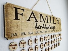 a family birthday sign hanging on the wall next to keychains and magnets