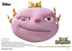 an advertisement featuring a pink monster with gold horns and a crown on it's head