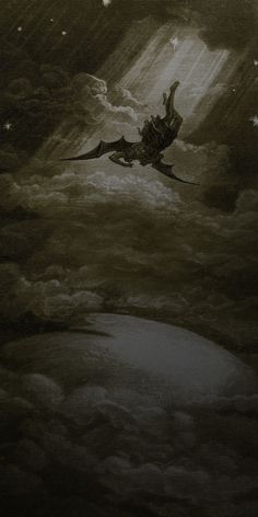 a painting of a man riding on the back of a dragon in the night sky