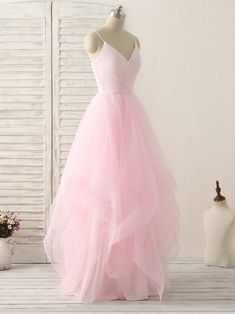 Fitted V-neck Tulle Dress, Pink Tulle Dress For Formal Occasions, A-line Tulle Dress For Prom Season, V-neck Tulle Dresses For Evening, Fitted Tulle Skirt Bridesmaid Dresses, Tulle Ball Gown Dresses With Fitted Bodice, Fitted Bridesmaid Dresses With Tulle Skirt, A-line Dress With Tulle Skirt And Fitted Bodice, A-line Dress With Fitted Bodice And Tulle Skirt