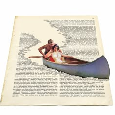 a man and woman in a canoe on an old book page