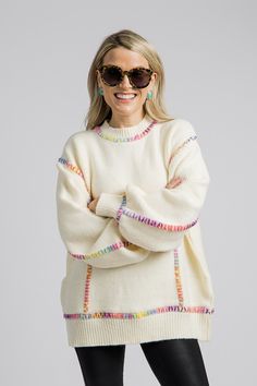 Riley Rainbow Stitch Sweater, Cream Cute Colorful Outfits, Pastel Wardrobe, Pastel Colors Fashion, Rainbow Stitch, Spring Sweaters, Closet Revamp, Cozy Romantic, Stitch Sweater, Sweater Cream