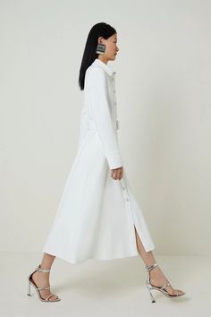 Tailored Compact Stretch Belted Shirt Dress | Karen Millen Chic Button-up Belted Dress With Belted Cuffs, Chic Belted Dress With Button-up Cuffs, Chic Belted Dress With Button-up And Belted Cuffs, Elegant A-line Shirt Dress With Button Closure, Classic Belted Shirt Dress For Semi-formal Occasions, Knee-length Belted Shirt Dress For Semi-formal, Chic Belted Shirt Dress For Work, Elegant Midi Dress With Belted Cuffs For Daywear, Formal Collared Belted Dress With Belted Cuffs