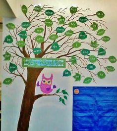 a bulletin board with an owl sitting on a tree and the words that spell it out