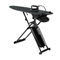 a black ironing board sitting on top of a stand