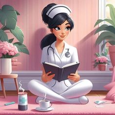 a nurse reading a book while sitting on the floor