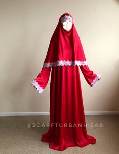 Red and white silk elegant dress, lace abaya, stylish hijab, modesty clothing, nikkah outfit, Muslim wedding Silk Elegant Dress, Lace Abaya, Dress With Wide Sleeves, Modesty Clothing, Nikkah Outfit, Outfit Muslim, Khimar Hijab, Bridal Hijab, Red Silk Dress