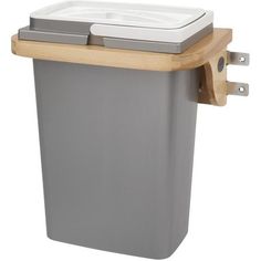 a grey trash can with a wooden lid