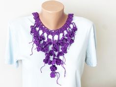 Crochet Pattern,Free Form Necklace, Bib Necklace Pattern,Flowers Necklace, Purple Cotton, Easy Crochet Pattern, DIY Projects This pattern shows that how this design of crochet. Crochet flower necklace pattern are so easy and fun to make. This pattern is unique and designed by me. I prepared with love. You can work this necklace  with any size cotton lace thread. The size of the bib necklace depend on the thickness of the lace thread you are working with.   A great accessory to a wedding or your special days. It's written in American terms. I took photos step by step. Enjoy!  Level: easy THIS IS A DIGITAL DOWNLOADABLE FILE (PDF PATTERN TUTORIAL) - NOT A PRODUCT. ------------------------------------------------------------------------------------------------------------------------- PLEASE N Crochet Flower Necklace, Necklace Purple, Necklace Patterns, Pattern Tutorial, Bib Necklace, Crochet Flower, Easy Crochet Patterns, Pattern Free, Pattern Crochet