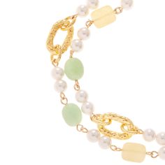 Make waves with the Cephalonia bracelet from the Calypso collection, inspired by the greek goddess of the sea. Plated in 24k gold, this layered bracelet features dreamy Majorca pearls and semi-precious stones in sunkissed hues. With a T-bar fastening and a length of 7", this bracelet is ready for a sunset picnic or a day in the sand. This bracelet is carefully made to order in our NYC Design Studio. Elegant Gold Pearl Bracelet With Natural Stones, Elegant Double Strand Natural Stones Bracelets, Elegant Green Pearl Bracelet With Natural Stones, Summer Bracelet Stack, Sunset Picnic, Goddess Of The Sea, Layered Bracelet, Summer Bracelet, Nyc Design