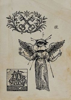 an old book with some drawings on the pages and pictures in it, including an angel