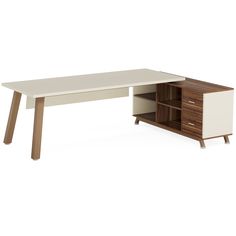 an office desk with two drawers and a shelf on the bottom, against a white background