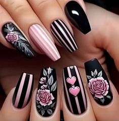 24 Count Press On Nails Stripes Hearts And Flowers Comes With Jelly Glue And Nail File New Striped Nails, Rosé Heart, Nails Set, Nail Forms, Flower Nail, Nail Length, Pattern Flower, Heart Nails, Nail Accessories