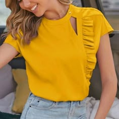 New In Bag. Chic Yellow Short Sleeve Tops, Trendy Yellow Solid Color Top, Yellow Solid Color Blouse For Spring, Yellow Blouse For Spring, Yellow Solid Color Summer Blouse, Solid Yellow Blouse For Summer, Yellow Ruffled Tops For Day Out, Yellow Ruffled Blouse For Day Out, Yellow Short Sleeve Top