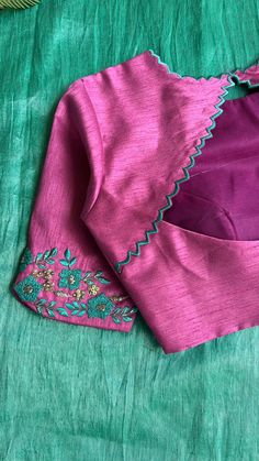 Blue Tissue Saree, Pink Silk Blouse, Hand Embroidered Blouse, Basic Hand Embroidery Stitches, Sarees For Girls, Embroidery Border, Pearl Embroidery, Tissue Saree, Aari Work Blouse