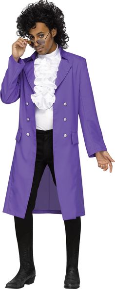 a man in a purple coat and black pants is holding his nose to his mouth