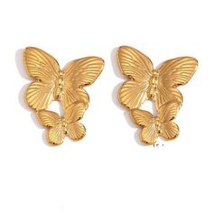 Large Gold Butterfly Earrings. Luxury Yellow Gold Butterfly Earrings, Luxury Gold Butterfly Earrings, Elegant Gold Butterfly Earrings, Elegant Gold Butterfly-shaped Earrings, Gold Butterfly Earrings For Formal Occasions, Gold Butterfly Earrings For Party, Gold Butterfly Earrings For Wedding, Gold Butterfly Metal Earrings, Gold Butterfly-shaped Pierced Earrings