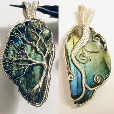 two pendants with tree designs on them, one is green and the other is blue