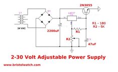 an electronic circuit diagram with the words 2 - 30 volt adjustable power supply