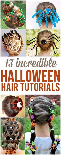 Halloween hairstyles for kids, girls, adults, teens and women! Tutorials and ideas for fun DIY Halloween hair styles with bows, spiders, clips, braids and buns. Creative crazy hair day ideas | easy | cute | pretty | simple | for school | last minute #halloween #hair #crazyhair #crazyhairday Maniquin Head With Hair Ideas, Ide Halloween, Halloween Hairstyles For Kids, Drunk Pictures, Crazy Hair Day Ideas, Obličejové Masky, Girls School Hairstyles, Funny Drunk, Halloween Hairstyles