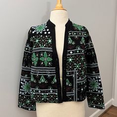 New Zara Embellished Embroidered And Mirrored Ethnic Style Floral Jacket Sz S This Is A Gorgeous Boho Jacket. It Has Embroidered Floral Patterns With Mirror Circles. Lightweight And Can Be Dressed Up With Black Pants Or A Skirt Or Down With Cute Jeans And Boots. My Favorite Is The Color. The Emerald Green Just Pops Against The Black. Color: Black And Emerald Green Condition: New With Tags, Never Been Worn Size: Small Pit To Pit 20" Length 21" Festive Bohemian Embellished Outerwear, Festive Beaded Outerwear, Bohemian Sequined Festive Outerwear, Festive Bohemian Sequin Outerwear, Traditional Embellished Festive Outerwear, Traditional Long Sleeve Sequined Outerwear, Traditional Embellished Spring Outerwear, Festive Black Outerwear With Floral Embroidery, Traditional Embellished Outerwear For Fall