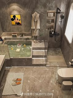 a bathroom with marble walls and flooring