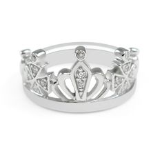 A beautiful sterling silver crown ring with simulated diamonds, perfect for the royal in you. This ring is the perfect touch of class and sophistication. Find your inner queen! Please specify ring size in drop down bar. Sterling Silver Crown Promise Ring, Sterling Silver Crown-shaped Promise Ring, Elegant Formal Jewelry With Tall Crown, Sterling Silver Ring With Crown Design For Promise, Fine Jewelry Silver Crown Ring, Elegant Diamond White Jewelry With Crown Design, Crown Design Rings In Cubic Zirconia, Crown Shaped Cubic Zirconia Rings For Anniversary, Sterling Silver White Gold Ring With Crown Design