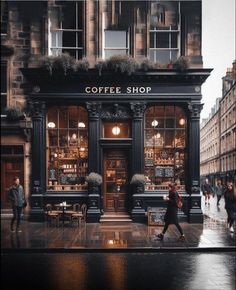 a woman walking past a coffee shop on a rainy day