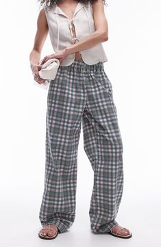 Neat checks lend depth to these straight-leg pants crafted from pure cotton twill and topped with a comfy elastic waist. Elastic waist Side-seam pockets 100% cotton Machine wash, line dry Made in Turkey Casual Gingham Cotton Bottoms, Plaid Relaxed Fit Trousers, Plaid Relaxed Fit Pants, Wide-leg Plaid Bottoms With Pockets, Relaxed Fit Plaid Trousers, Plaid Wide-leg Pants With Pockets, Plaid Wide-leg Cotton Pants, Plaid Cotton Bottoms With Elastic Waistband, Plaid Cotton Wide-leg Pants