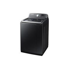 a black washer sitting on top of a white floor