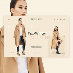 a woman is wearing a coat and jeans in front of an ad for the fall - winter