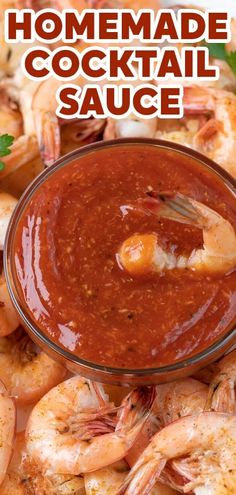 homemade cocktail sauce in a bowl with shrimp on the side