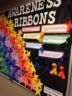 a bulletin board with ribbons attached to it's sides and writing on the back