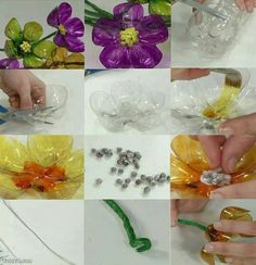 there are many different pictures of flowers being made with plastic wrappers and glues