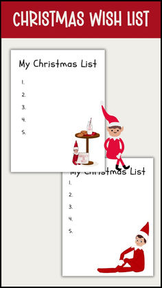 two christmas wish list cards with an elf sitting on the floor and another elf standing next to it